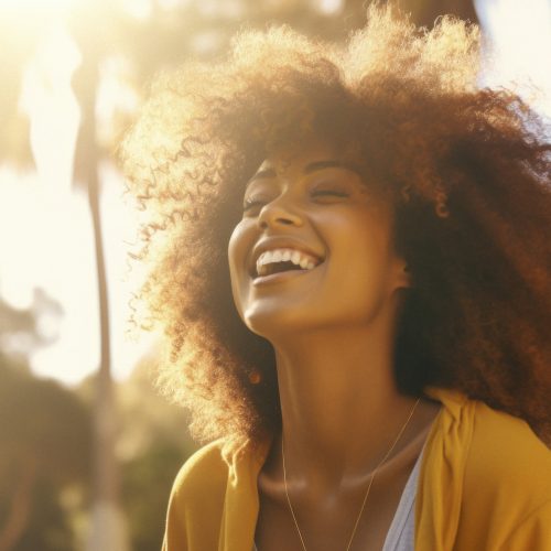 woman laughing at the sun in the park, in the style of afrofuturism-inspired, distinct facial features, youthful energy, softly organic, smilecore, light-focused, uhd image --ar 38:25 --style raw --v 5.2 Job ID: 1173dafe-0340-4f44-b54d-b36e4fba0103